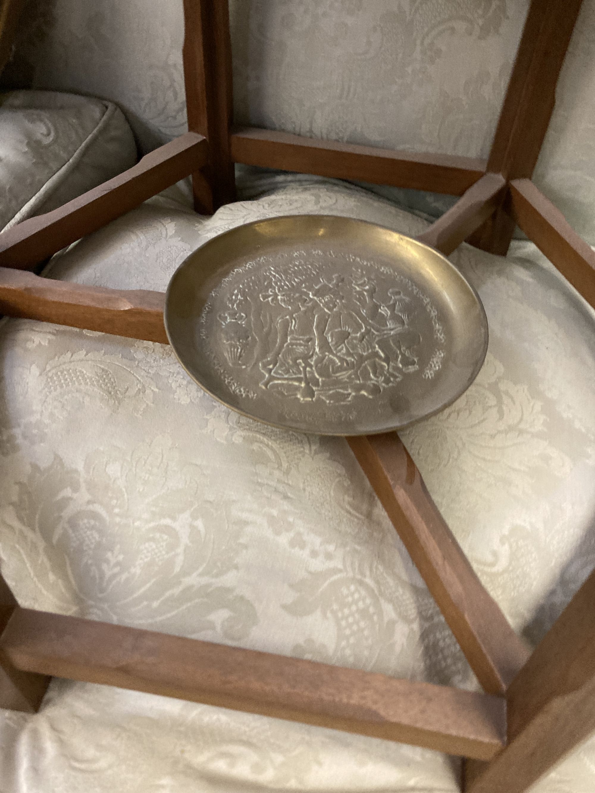 An Indian hexagonal brass tray top occasional table, width 60cm, depth 70cm, height 55cm together with a Victorian aesthetic movement r